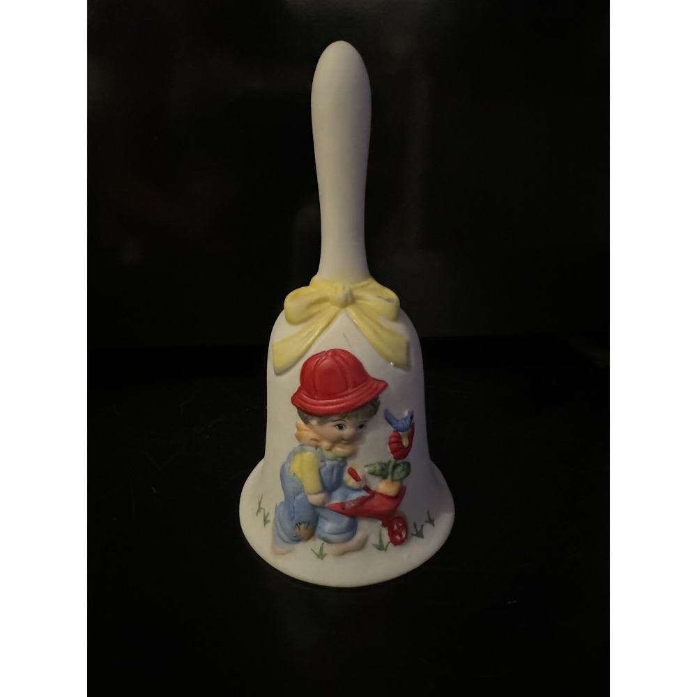 Porcelain Bisque Vintage Bell w Boy Pushing Wheelbarrow Colorful Jasco